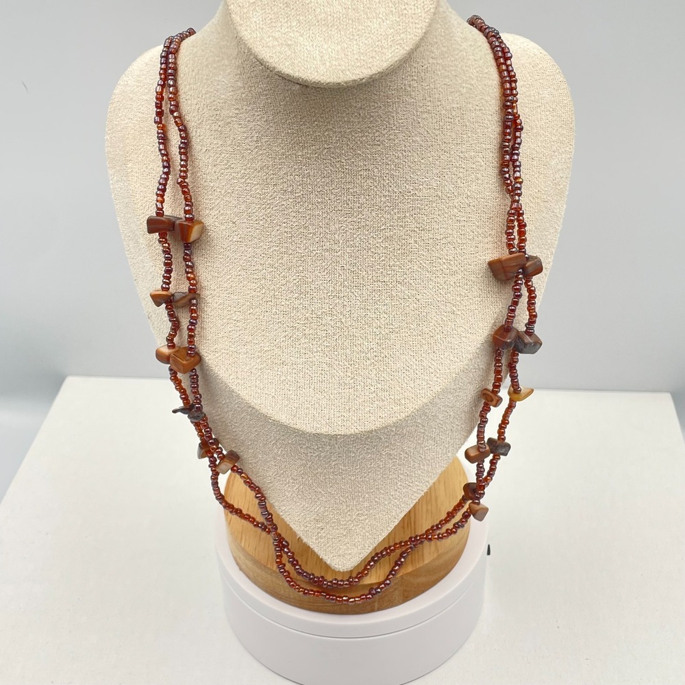 Vintage 90s Double Strand Brown Glass Seed Bead Stone Necklace Earthy Jewelry